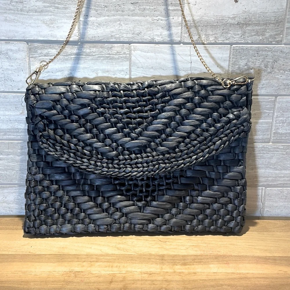 NWT Anthropologie Oversized Raffia Clutch Bag - Black